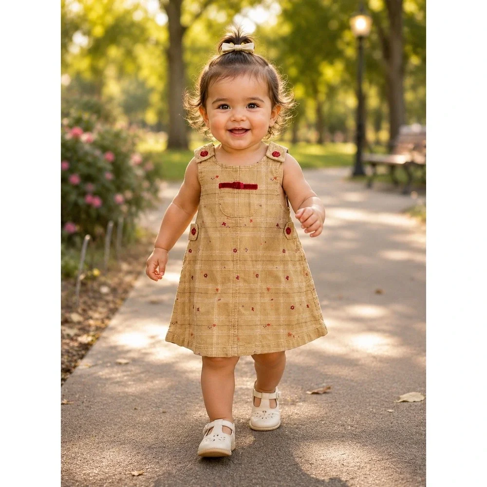 Vintage Gymboree 2001 Yellow Plaid Corduroy Floral Jumper Dress 12-18 Months AA2